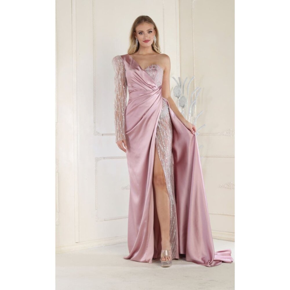 Dusty Rose Formal Long Sweetheart One Sleeve Sheath Dress By Royal Queen RQ7980